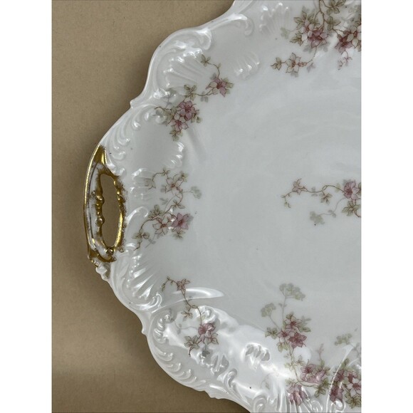 Antique Elite Works Limoges France Pink Green Floral Serving Plate Golden Hdls - Picture 4 of 15